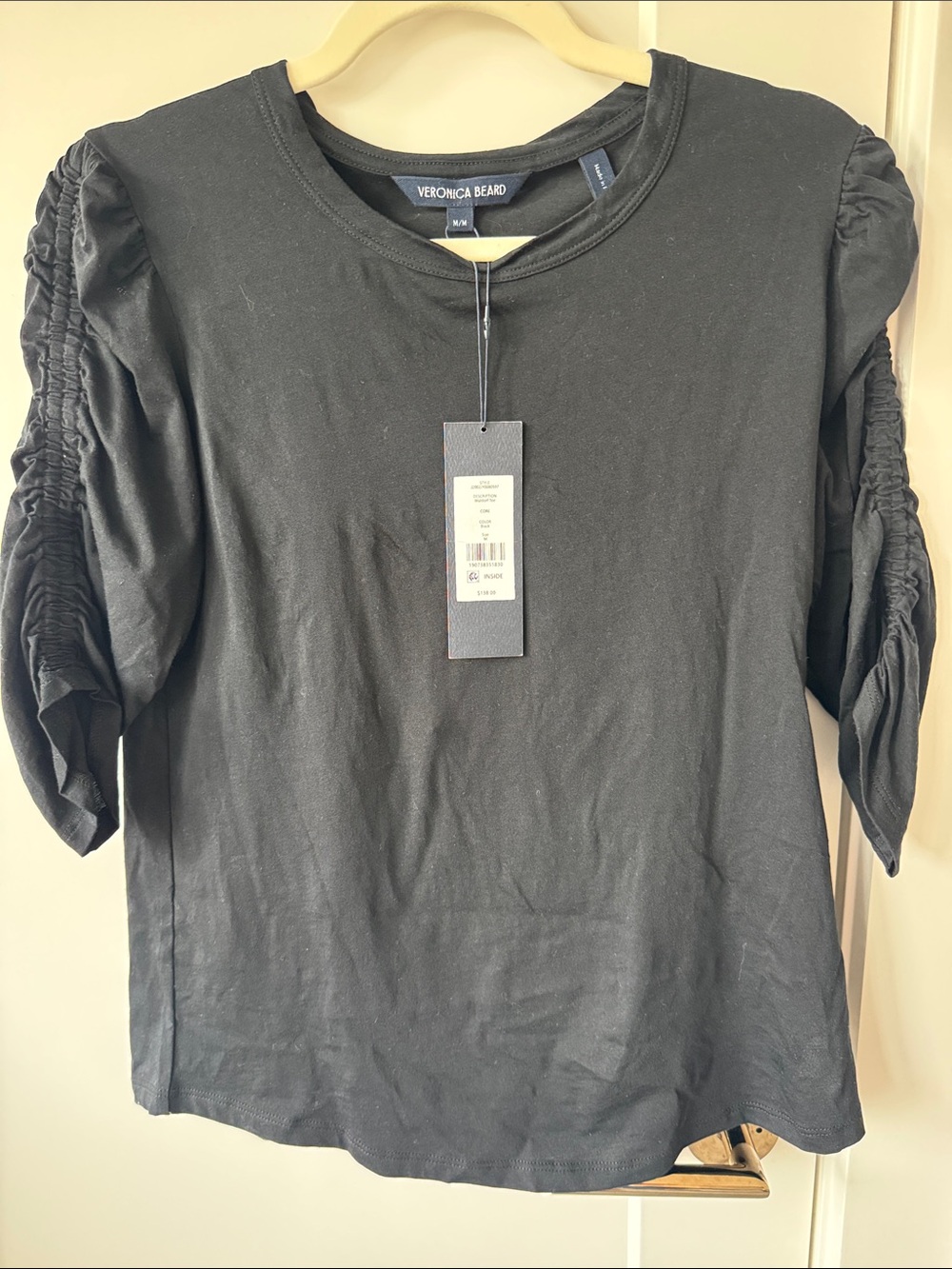Veronica Beard Black Short-Sleeve Ruched-Sleeve Crewneck Tee